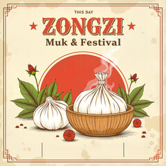 Fototapeta premium Zongzi Muk & Festival - Delicious steamed dumplings against a warm background 