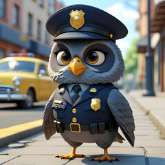 Cartoonish owl-like bird in a police uniform with gold insignia, wearing a dark blue cap