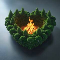 Surreal 3D heart of interwoven green trees, glowing with natural light on a gray background