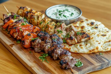 A large serving of mixed kebab platter featuring lamb, chicken, and beef skewers with garlic sauce and warm flatbread on a wooden board