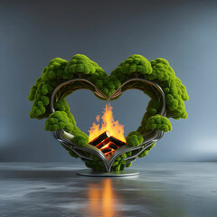 Surreal 3D heart of interwoven green trees, glowing with natural light on a gray background