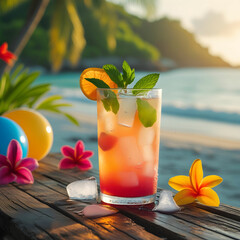 Refreshing summer drink with ice, citrus slices, and mint, perfect for hot sunny days