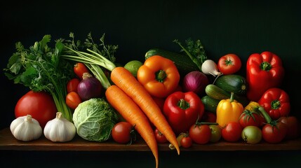 Enjoy fresh, healthy vegetables! This produce includes carrots, tomatoes, peppers, garlic, cabbage, and onions &ndash; a delicious and nutritious selection.