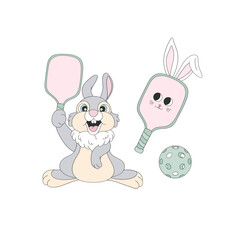 Cute bunny play pickleball vector clip-art isolated on white. Sporty Easter Spring illustration