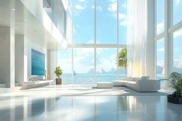 Fototapeta premium Luxurious ocean view living room with floor to ceiling windows