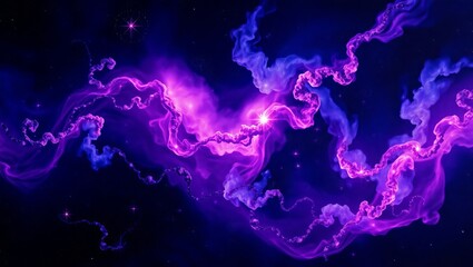 Cosmic Dance of Purple Nebulae swirling through a dark universe, illuminated by distant starlight, creating a vibrant and ethereal spectacle.