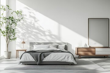Modern bedroom interior, sunlight, shadows, plant, calm ambiance. Use Home design, architecture, interior decor