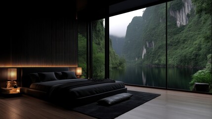Modern bedroom with stunning mountain views.  Dark, sophisticated design with luxurious bedding and wall paneling. Large windows showcase a serene landscape