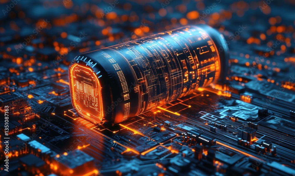 Poster futuristic glowing data storage device on circuit board with neon lights and intricate patterns