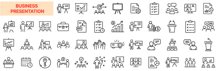Business Presentation Icons – Graphs, Charts, Speaker, Team, PPT, Boardroom, Projector, Meeting, Planning & Collaboration