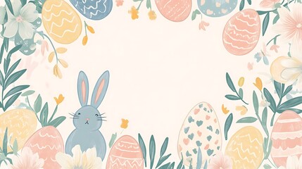 Easter bunny with eggs, and flowers frame.