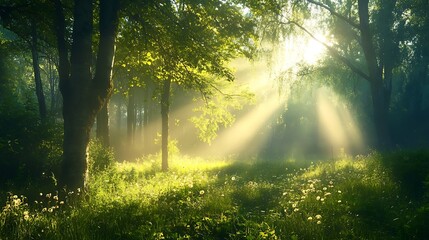 Obraz premium Sunbeams in Misty Summer Forest.