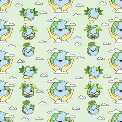 Obraz premium Earth cartoon seamless pattern background. Earth doodle illustration. Earth cartoon background. Perfect for fabric, textile, wallpaper, decor, shirt, illustration, print, packaging