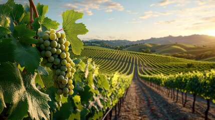 Vineyard's green landscape of sun-kissed hills boasts rows of grapes, ready for harvest, crafting fine wine, a true celebration of nature.