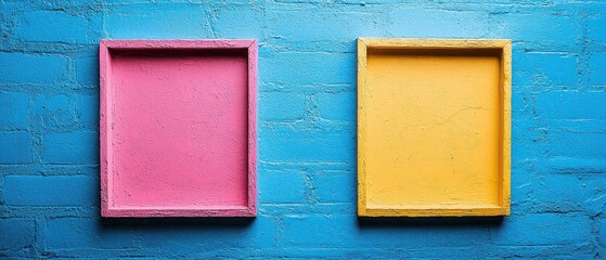 Fototapeta premium Two bright wooden frames, shaped as rectangles in pink, yellow, and blue color, hold an empty space.
