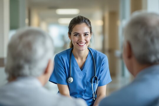 Friendly nurse in blue scrubs smiling while conversing with elderly patients in a hospital hallway background. Concept of healthcare and medical care. Ai generative