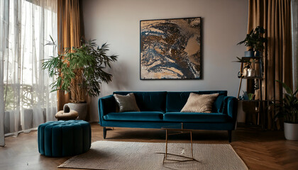 Luxury and modern home interior with design green sofa, navy commode, tables, pouf and accessroies. A lot of plants in the room. Abstract painting. Stylish decor of living room with brown parquet.