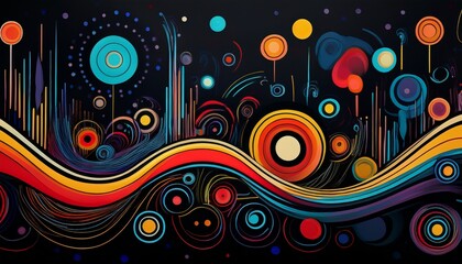 Black wallpaper with colorful circles and lines. Generated image