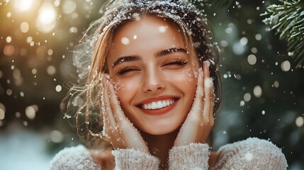 Fototapeta premium A radiant young woman smiles joyfully as snowflakes gently fall on her face outdoors in winter.