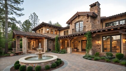 Obraz premium Stunning Luxury Stone House with Elegant Fountain and Lush Landscaping in Serene Outdoor Setting