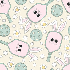 Fototapeta premium Bunny pickleball vector seamless pattern. Sporty Easter Spring background.