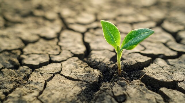 Small Green Sprout Growing From Dry Cracked Earth, Concept For Climate Change, Global Warming, Hope.