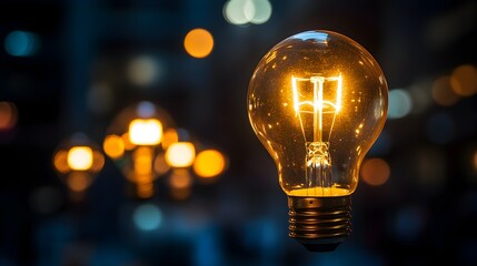 A glowing incandescent light bulb illuminates the night with a warm bright yellow light against a blurred city backdrop.