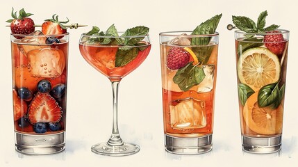 Cocktails alcoholic daiquiri, old fashioned, manhattan, martini, sidecar glass hand drawn engraving vector illustration vintage style 