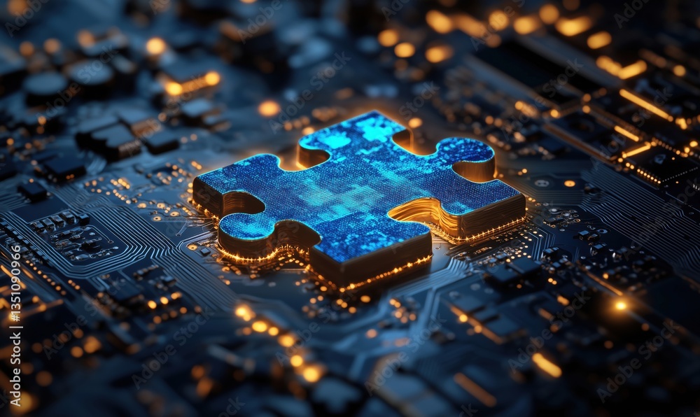 Poster puzzle piece on circuit board symbolizing technology integration and problem solving