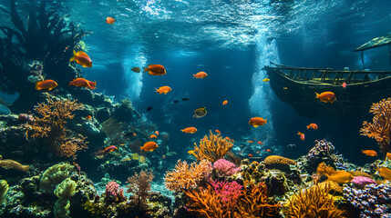 Naklejka premium Vibrant Coral Reef Teeming With Life, A Sunken Wooden Ship Resting Peacefully On The Ocean Floor, Bathed In Sunlight Filtering Through The Water