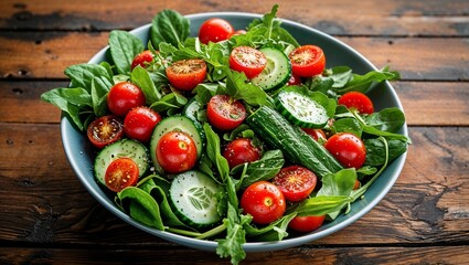 A sumptuously arranged garden salad, vibrant vegetables glistening with just-sprinkled dressing. The colorful medley of cherry tomatoes, crisp cucumbers, and leafy greens exudes freshness