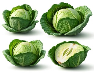 Fototapeta premium Fresh Green Cabbage Heads and Cut Cabbage Half Isolated on White Background