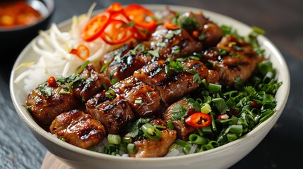 Fototapeta premium Vietnamese bun cha grilled pork noodles served side by side on clean white plate