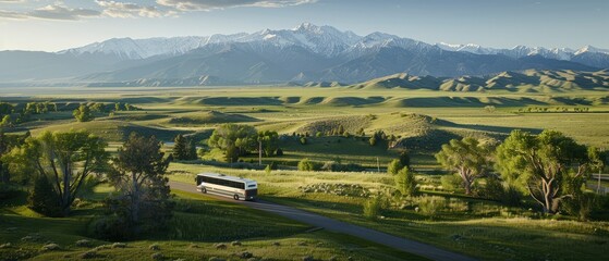 Scenic landscape with a bus traveling through lush green fields and majestic mountains in the background