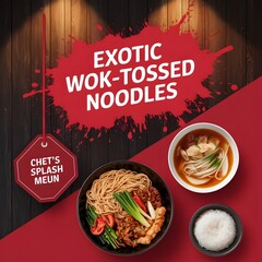 Bold Food Menu Banner with Cheese, Noodles, and Chinese Cuisine