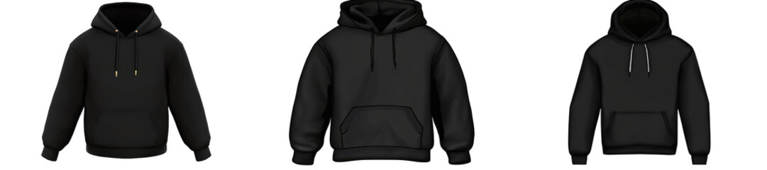 Three black hoodies displayed isolated on white or transparent