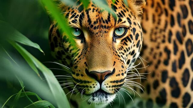 Closeup of a leopard expertly stalking its prey while hidden in lush green foliage during the golden hour of the evening, showcasing its keen hunting instincts and vivid coat patterns