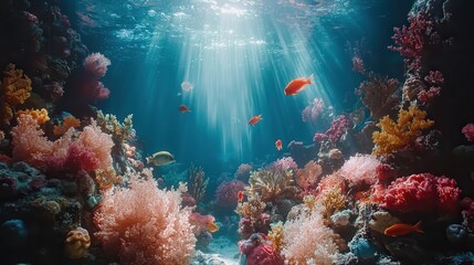Obraz premium Vibrant Coral Reef with Colorful Fish and Sunbeams