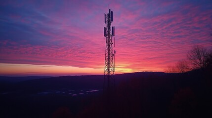 Telecommunication tower silhouetted against vibrant sunset sky with colorful clouds