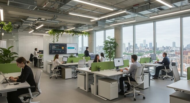 A modern, collaborative workspace buzzing with focused professionals enjoying a bright, airy office overlooking a vibrant cityscape, bathed in natural light. - Powered by Adobe