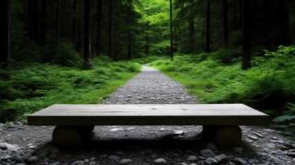 Tranquil forest path with a wooden bench