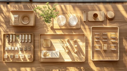 Obraz premium Aerial view of a minimalist wooden table arrangement featuring various natural products and decor