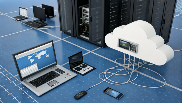 Cloud Computing Network with Servers and Laptops