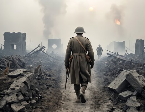 Soldier Walking Through War-Torn Landscape