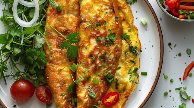 Vietnamese bnh xo savory crepe folded filled served on white plate clean background