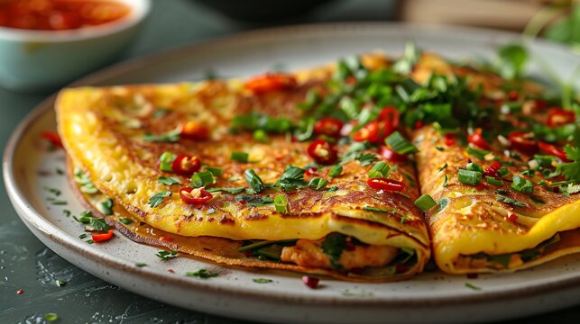 Vietnamese bnh xo savory crepe folded filled served on white plate clean background