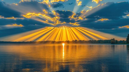 Sunset over a calm lake with crepuscular rays