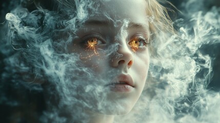 Enigmatic child, ethereal smoke, glowing eyes