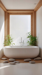 Minimal serenity — soak in clean lines, warm wood, and nature’s quiet charm in a peaceful bath retreat