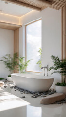 Minimal serenity — soak in clean lines, warm wood, and nature’s quiet charm in a peaceful bath retreat